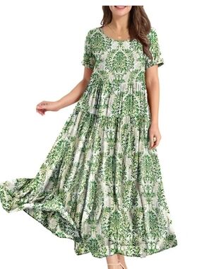 Yesno Green Floral Tiered Maxi Dress with Short Sleeves